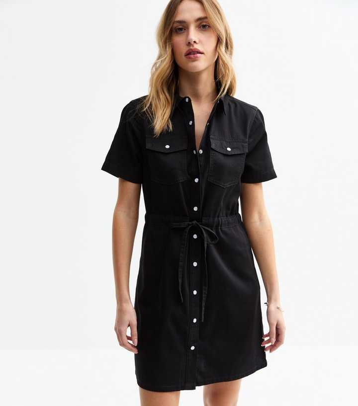 Black Drawstring Waist Denim Mini Dress Black Drawstring Waist Denim Mini Dress