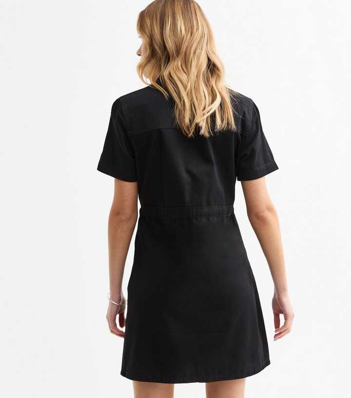 Black Drawstring Waist Denim Mini Dress | New Look
