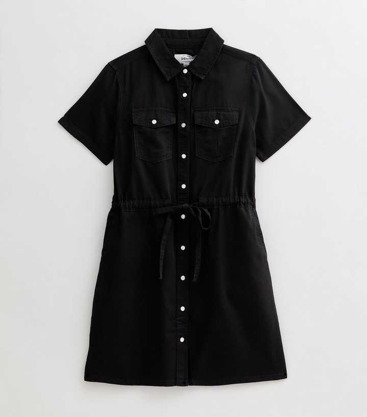 Black Drawstring Waist Denim Mini Dress | New Look