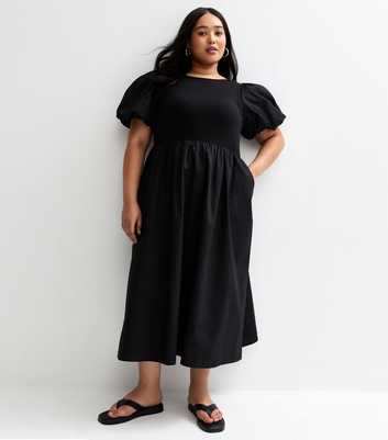 Curves Black 2 in 1 Puff Sleeve Midi Dress