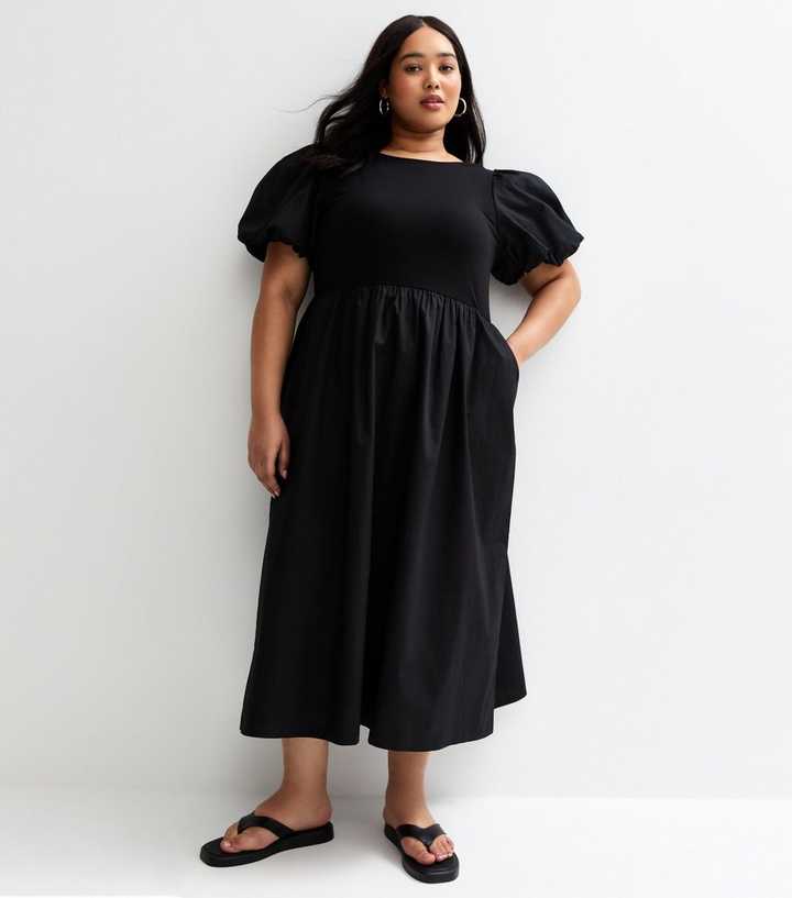 Curves Black 2 in 1 Puff Sleeve Midi Dress