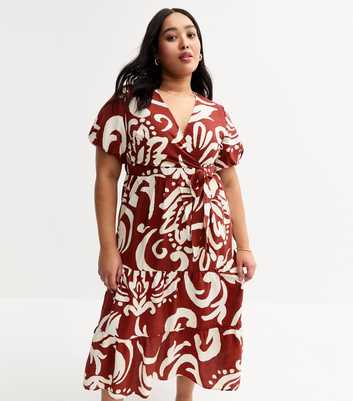 Curves Red Printed Wrap Midi Dress
