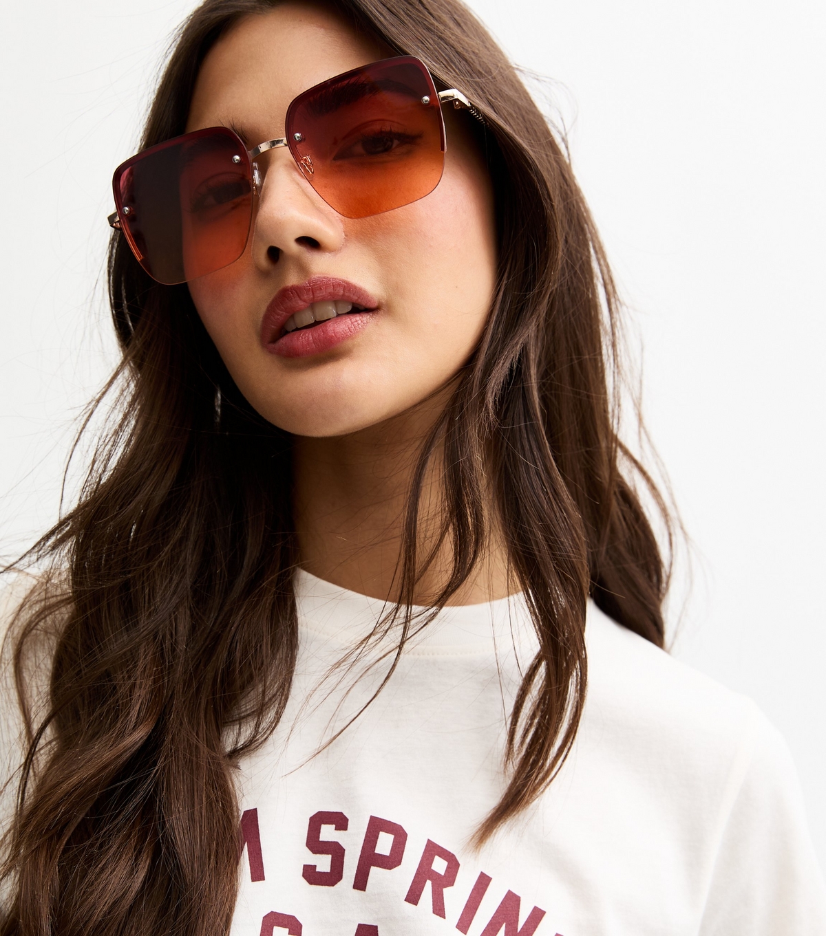 Bright Orange Rimless Square Frame Sunglasses New Look