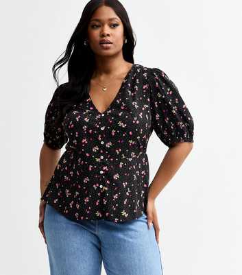 Curves Black Strawberry Floral Print Crepe Tea Blouse