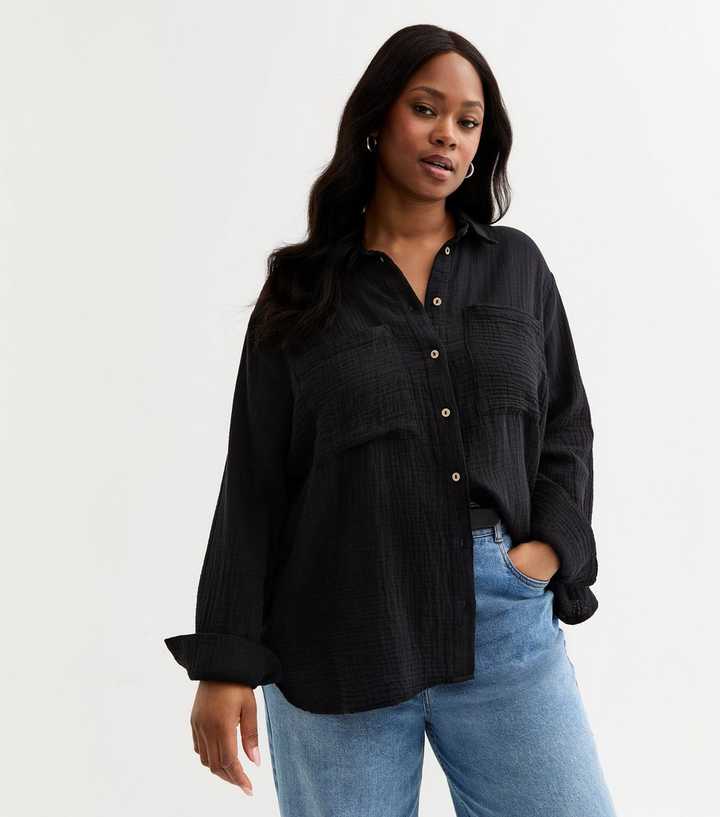 Curves Black Crinkled Texture Cotton Shirt