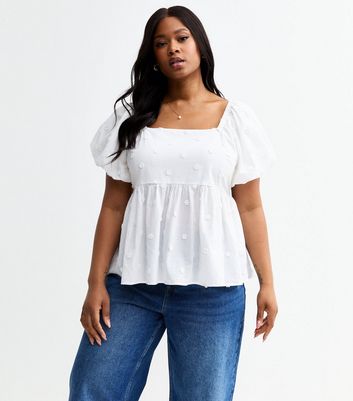 Curves White Daisy Embroidered Puff Sleeve Milkmaid Top | New Look