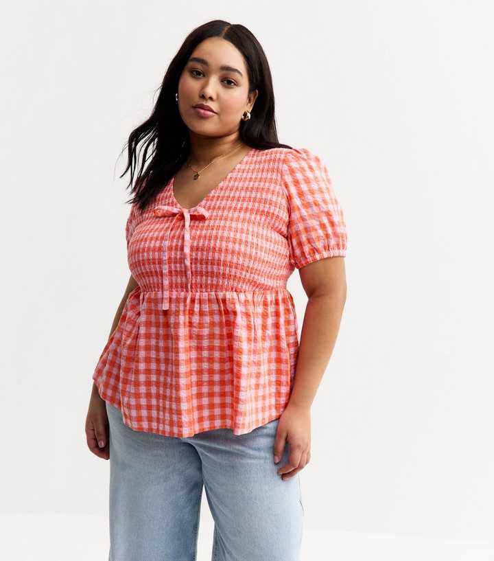 Curves Red Gingham Tie Detail Top