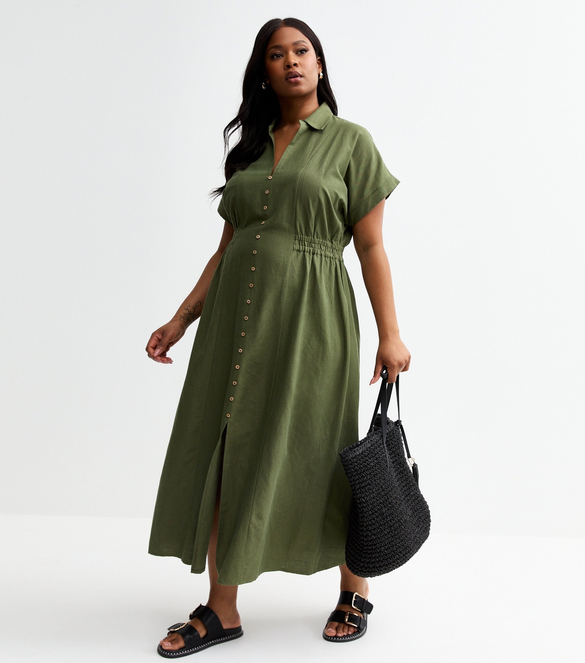 Women's Plus Size Dark Khaki Shirred Waist Midi Shirt Dress Curves New Look