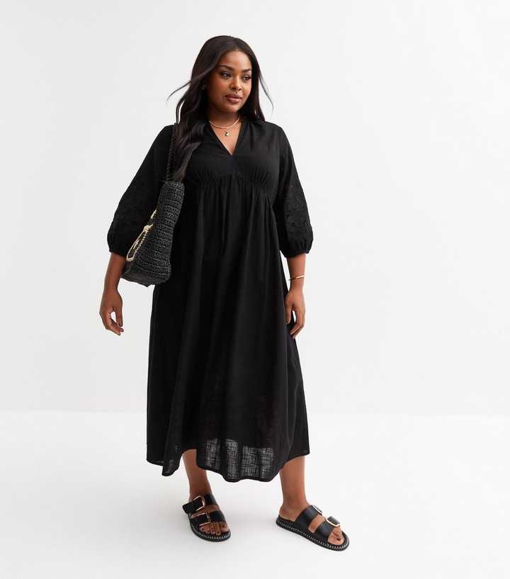 Curves Black Embroidered Sleeve Midi Smock Dress
