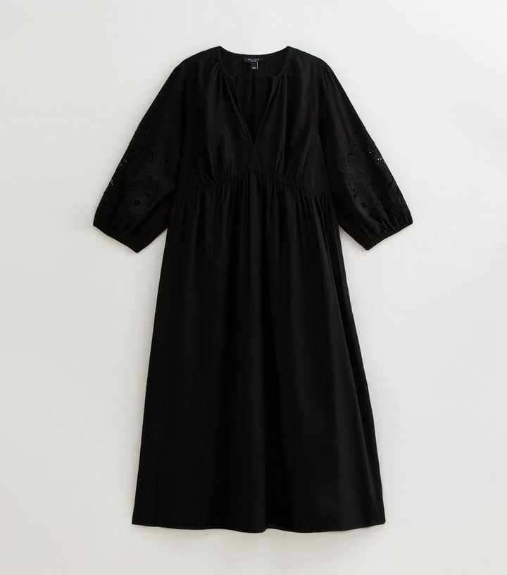 Curves Black Embroidered Sleeve Midi Smock Dress