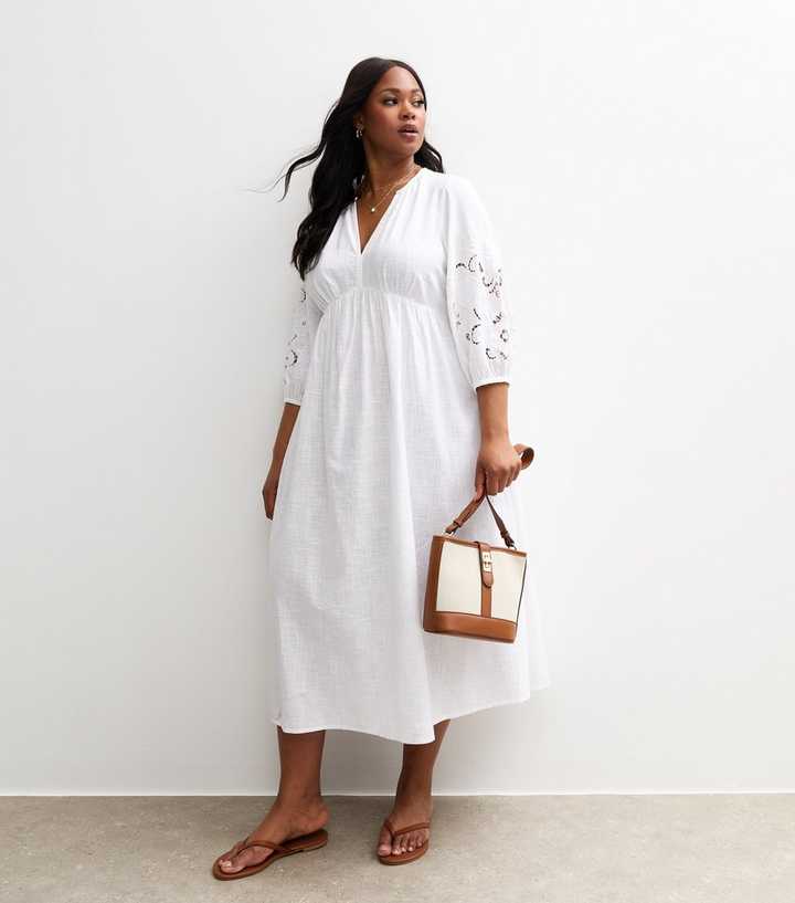 Curves White Embroidered Sleeve Midi Smock Dress | New Look