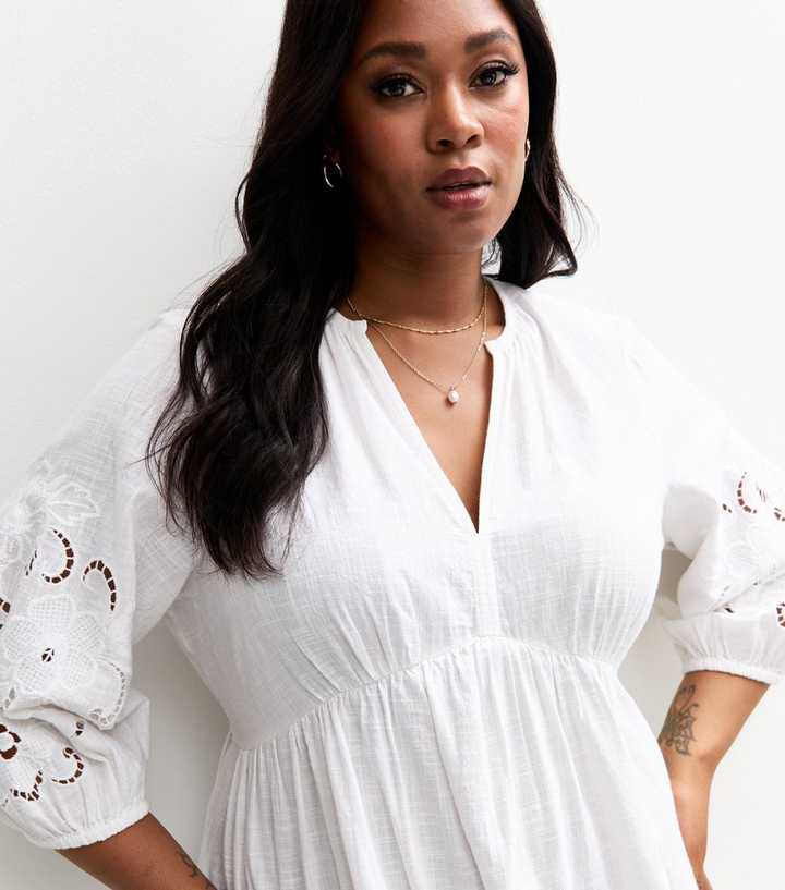 Curves White Embroidered Sleeve Midi Smock Dress New Look