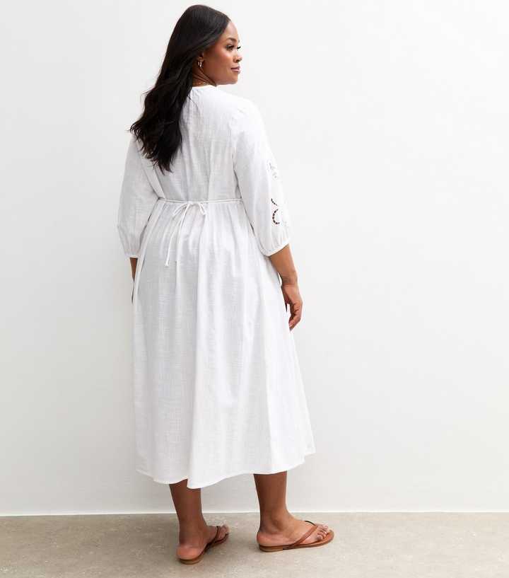 Curves White Embroidered Sleeve Midi Smock Dress | New Look