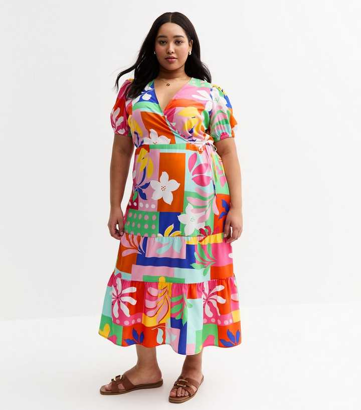 Curves Multicolour Patchwork Print Frill Sleeve Midi Dress