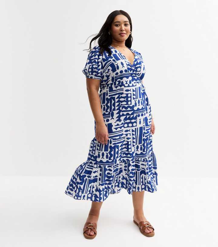 Curves Blue Fish Abstract Print Midi Dress