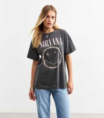 Dark Grey Nirvana Leopard Smiley Print T-Shirt