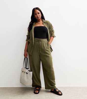 Curves Khaki Drawstring Waist Wide Leg Trousers