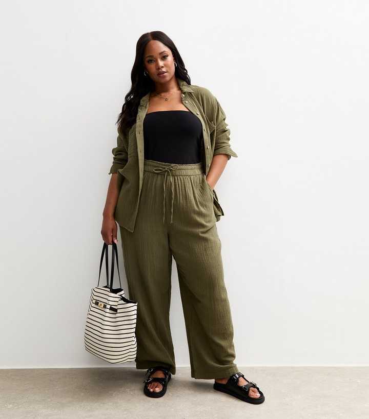 Curves Khaki Drawstring Waist Wide Leg Trousers