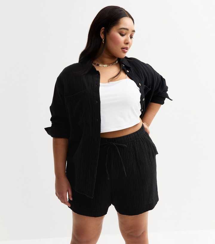 Curves Black Double Cloth Muslin Shorts