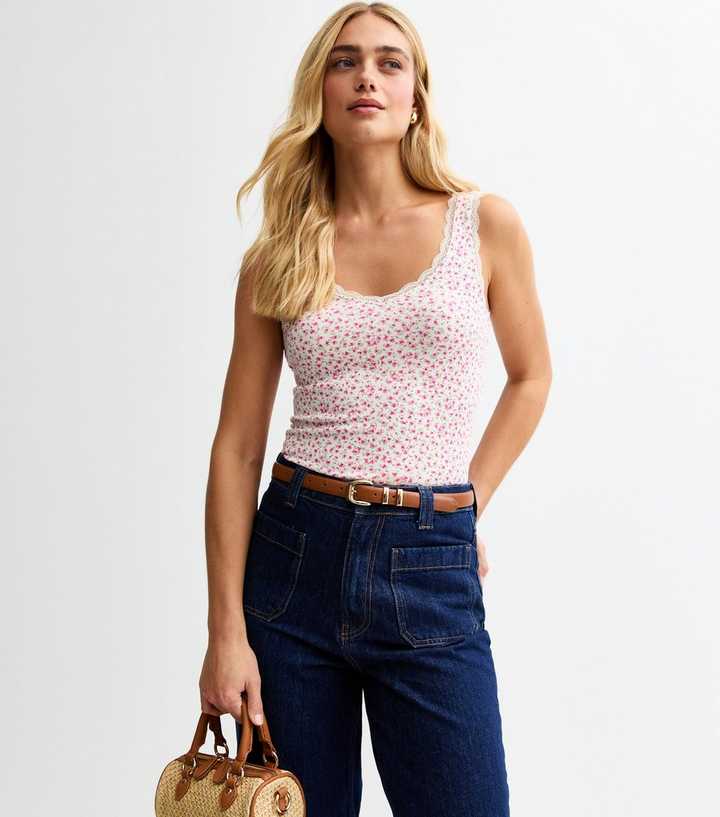 White Floral Print Lace Trimmed Vest