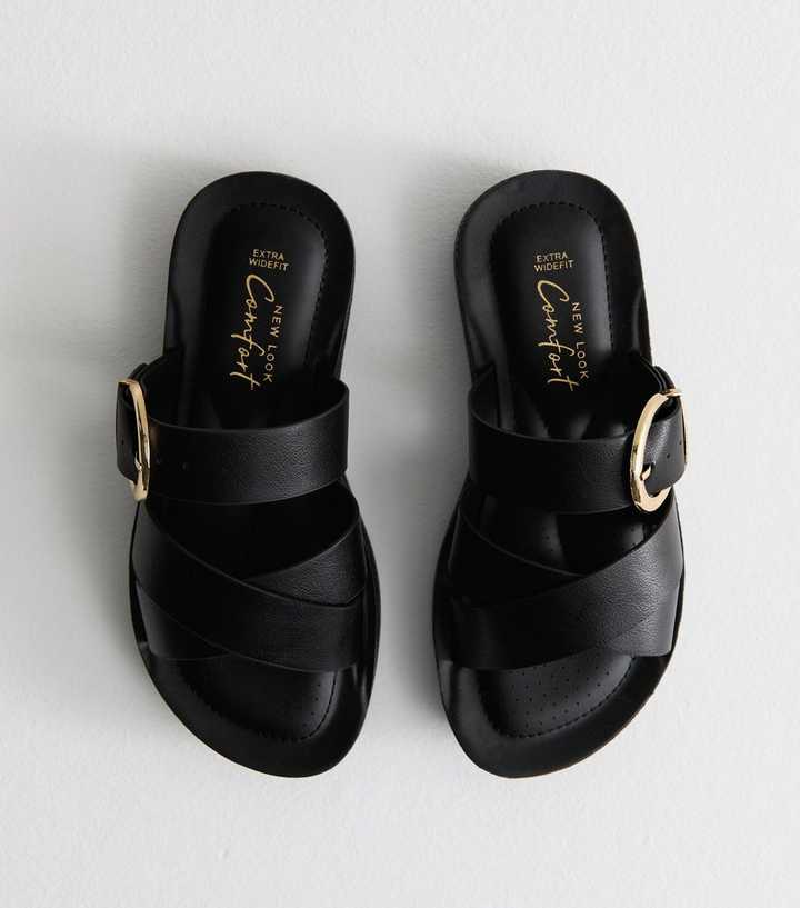 Extra Wide Fit Black Faux Leather Mule Sandals | New Look