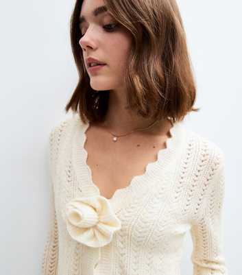 Cream Flower Applique Pointelle Knit Cardigan