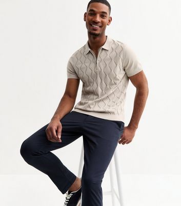 Stone Regular Diamond Knit Quarter Zip Polo Top | New Look