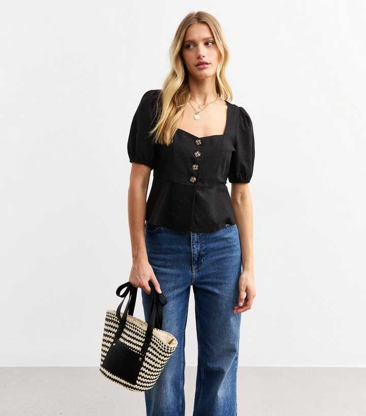 Black Linen Blend Button Up Peplum Top