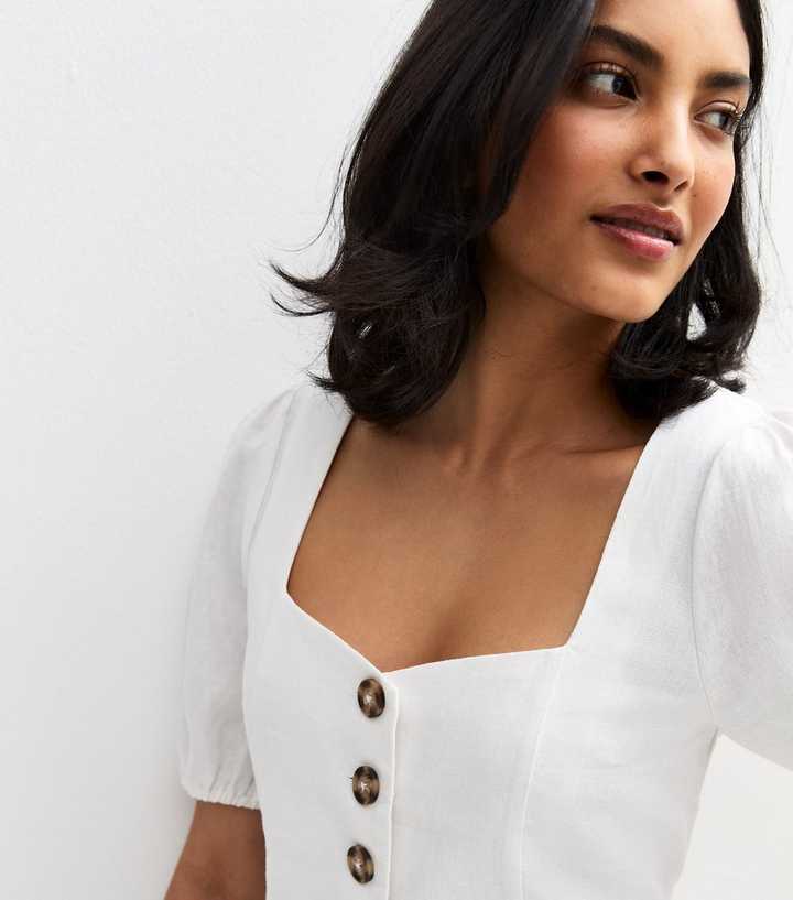 White Linen Blend Button Up Peplum Top