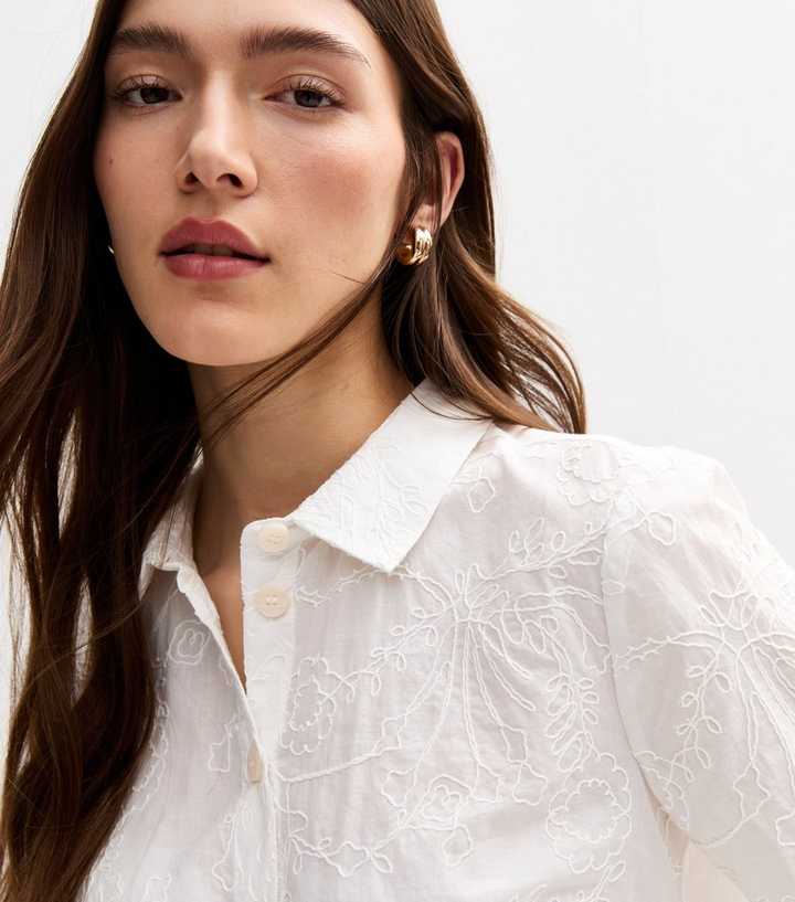 White Floral Jacquard Embroidered Short Sleeve Shirt