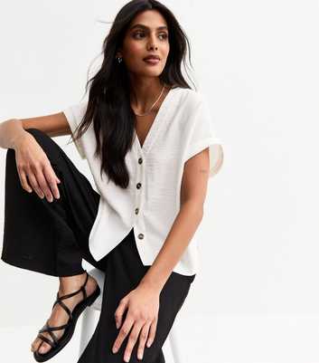 Off White V-Neck Button Up Top