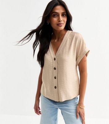 Womens Hol Up/Hold Up V-Neck T-Shirt Stone V-Neck Button Up Top | New Look