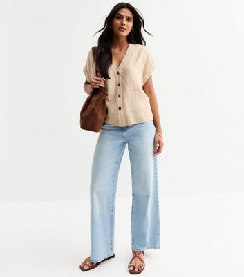 Womens Hol Up/Hold Up V-Neck T-Shirt Stone V-Neck Button Up Top | New Look