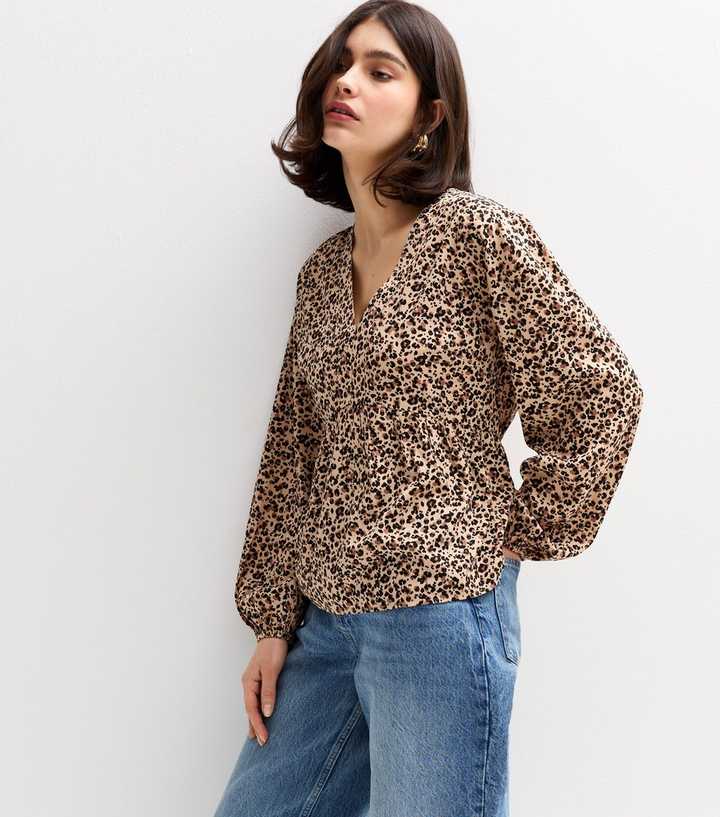 Brown Leopard Print V-Neck Long Sleeve Blouse