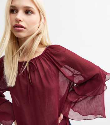 Burgundy Flared Sleeve Tie Neck Chiffon Top