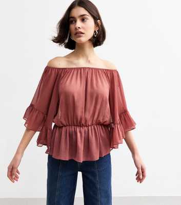 Burgundy Chiffon Peplum Hem Bardot Blouse