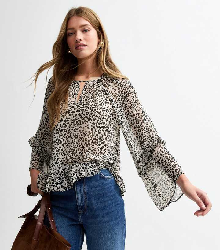 Black Leopard Print Frilly Trim Chiffon Blouse