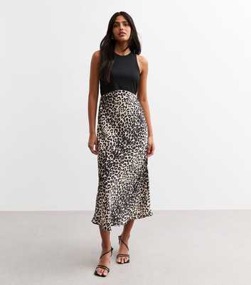 Black Animal Print Satin Skirt Midi Dress