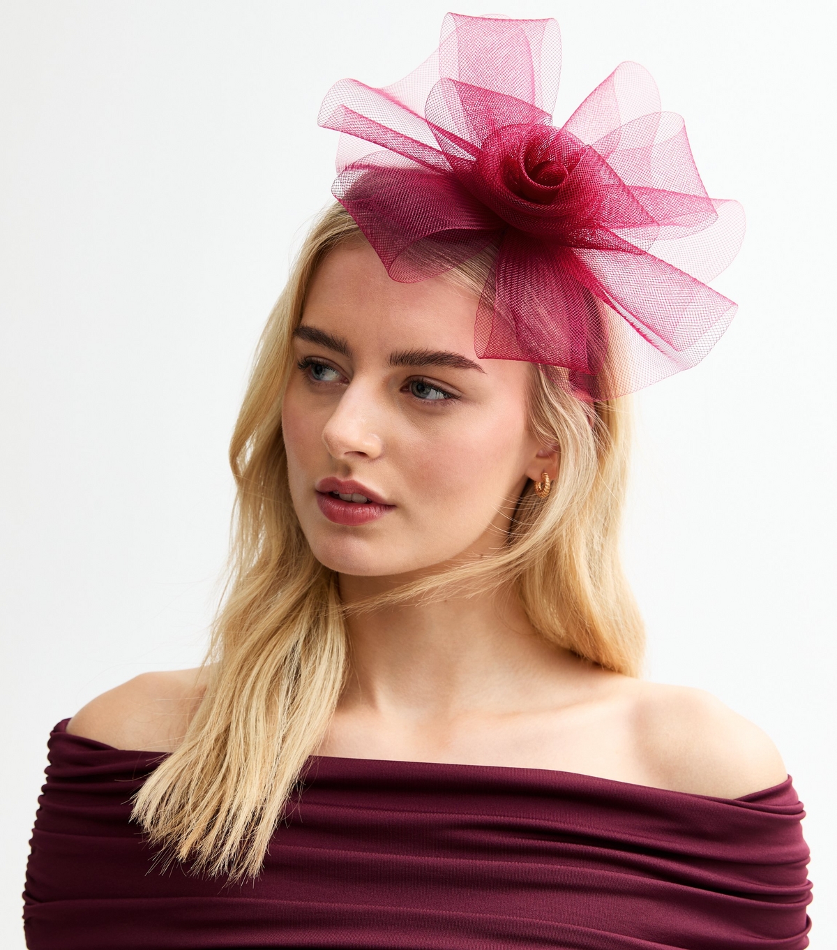 Burgundy Mesh Flower Fascinator New Look