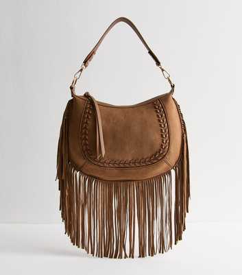 Tan Tassel Trim Faux Suede Crossbody Bag