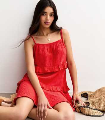 Red Tie Strap Ruffle Trimmed Mini Dress