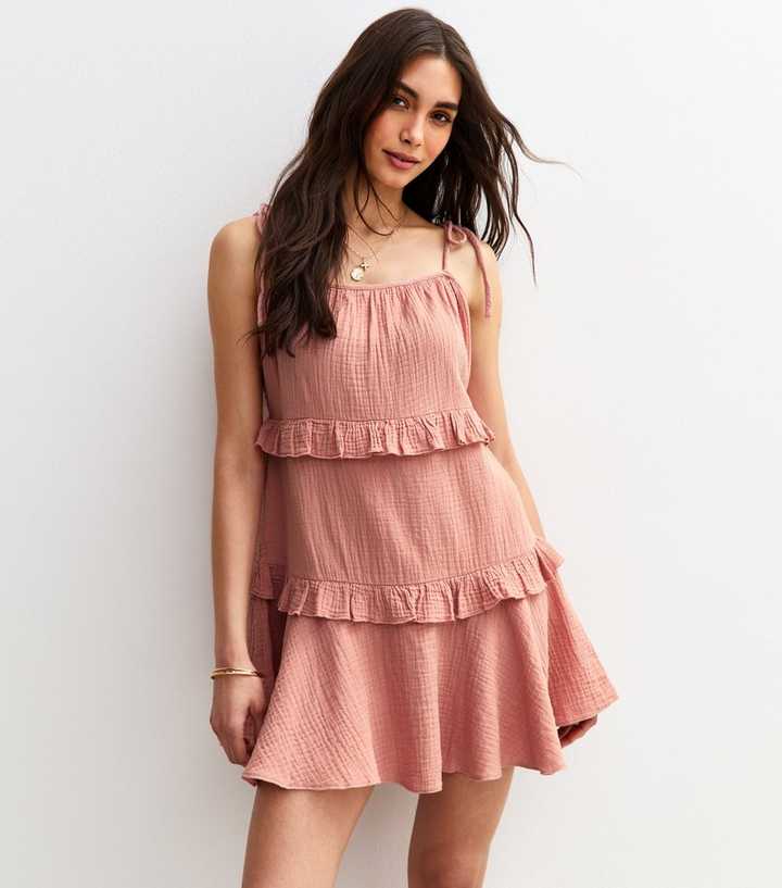 Pink Tie Strap Ruffle Trimmed Mini Dress
