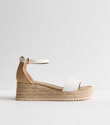 Wide Fit White Faux Leather Woven Strap Flatform Wedge Sandals