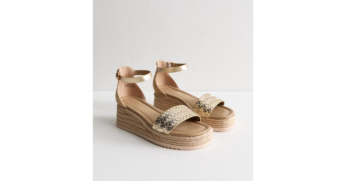 Wide Fit Gold Faux Leather Woven Strap Flatform Wedge Sandals