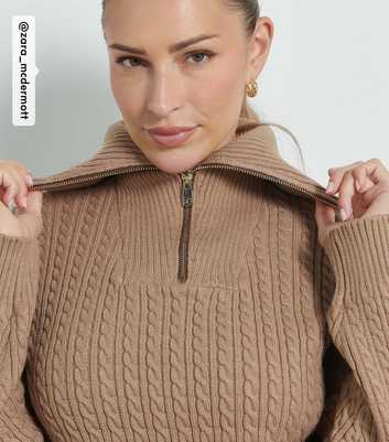 Rise by Zara McDermott Tan Cable Knit Quarter Zip Jumper