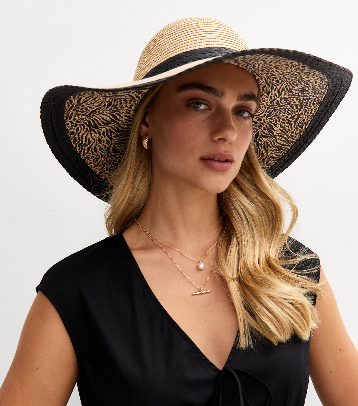 Stone Animal Print Brim Straw Floppy Hat New Look