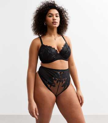 Curves Black Floral Appliqued High Waisted Thong