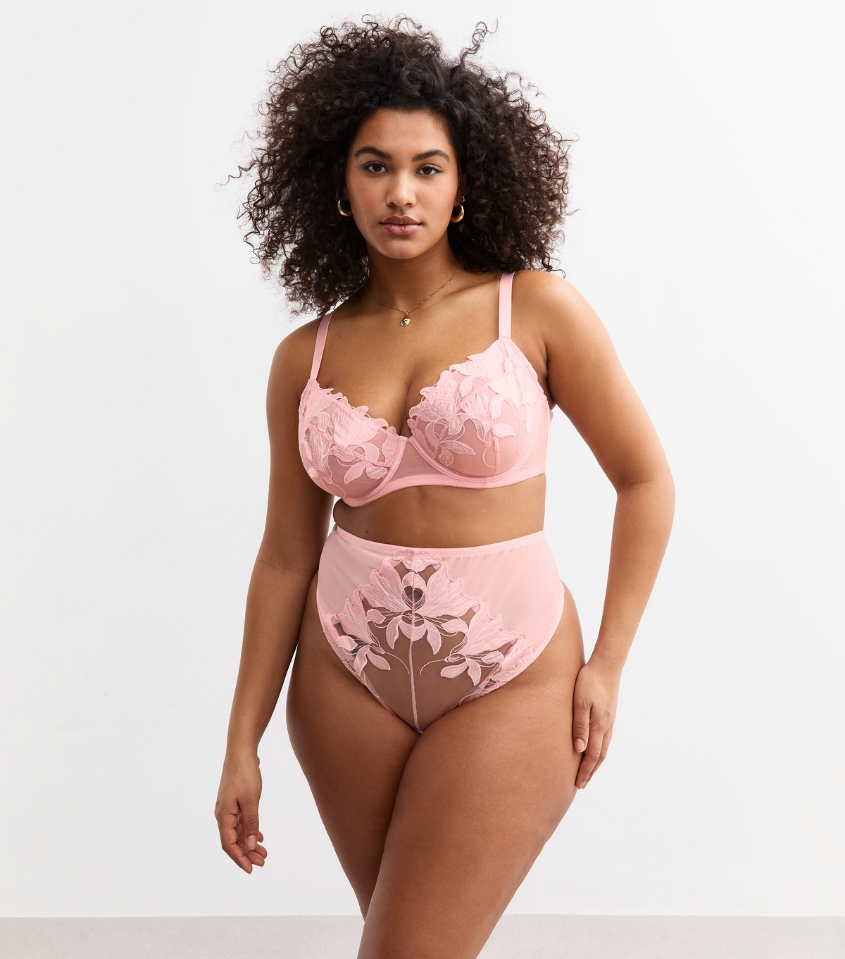 Women's Plus Size Pink Floral Appliqued High Waisted Briefs Curves New Look