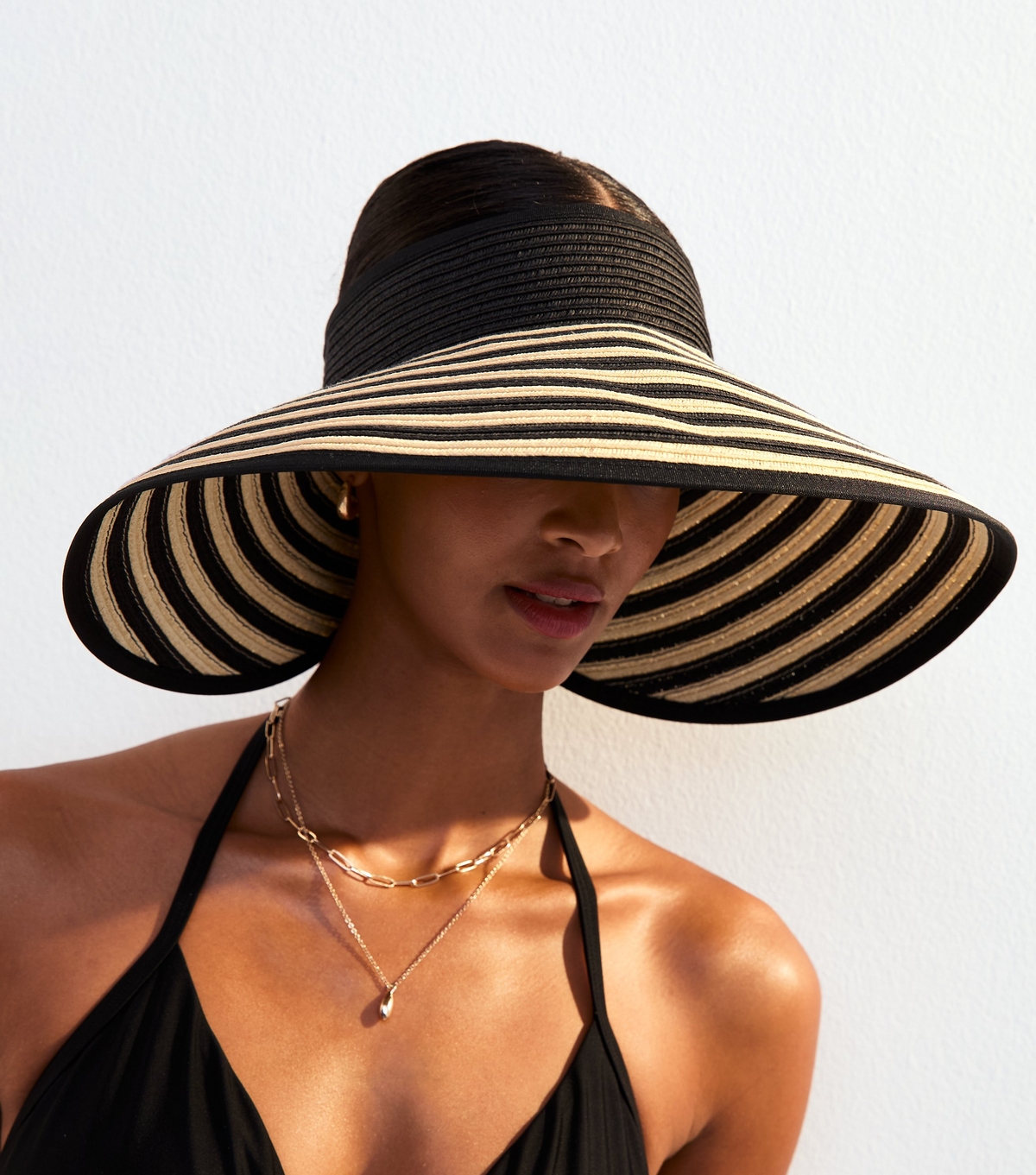 Black Packable Oversized Stripe Visor New Look