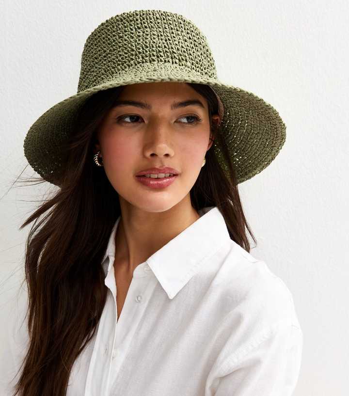 Light Khaki Straw-Look Structured Bucket Hat